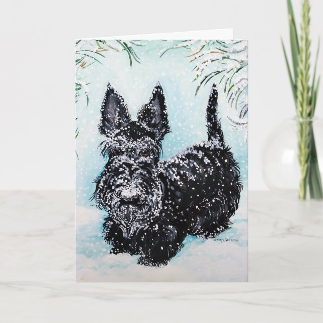 Schottische Terrier im sinkenden Schnee Feiertagskarte (Vorderseite)