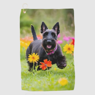 Schottische Terrier in Gras und Blume Golfhandtuch