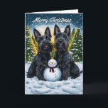 Schottische Terrier und Snowman Weihnachten Karte<br><div class="desc">Mit dieser bezaubernden Weihnachtskarte mit zwei bezaubernden schottischen Terrier, die stolz neben einem fröhlichen Schneemann in einem schneebedeckten Winterwunderland sitzen, können Sie sich gemütliche Urlaubswünsche gönnen. Hinter den schottischen Terriers erstrahlen die sonnigen Sets hinter schneebedeckten Bäumen und ein goldenes Glühen den Himmel und schaffen eine friedliche und festliche Atmosphäre. Die...</div>