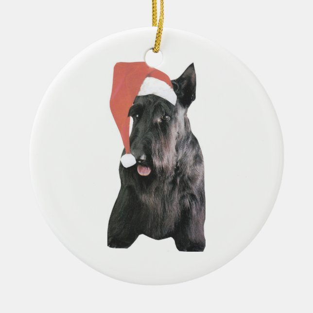 Schottische Terrier-Weihnachtsmannmütze-Verzierung Keramik Ornament (Vorne)
