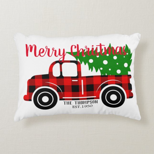 Schottischer Bauernhof roter LKW-Grünbaum Xmas Dekokissen (Vorderseite)