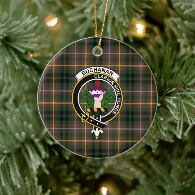 Schottischer Clan Buchanan Jagd Tartan und Wappen Keramik Ornament (Baum)