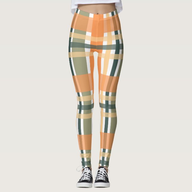 Schottischer Clan kariert orange-grüner Tartan Leggings (Vorderseite)