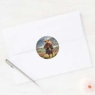 Schottischer Highland-Cow-Bagpiper, Runder Aufkleber