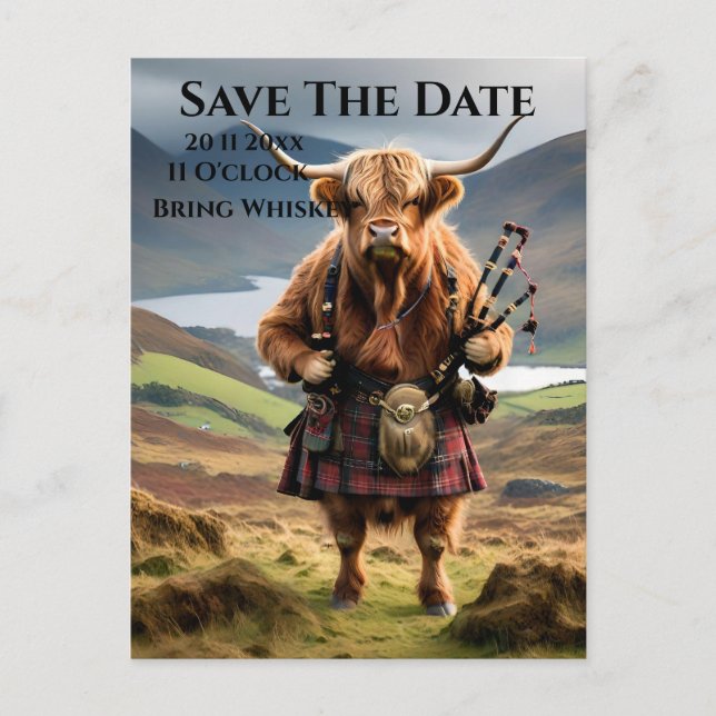 Schottischer Highland Cow Bagpiper, Save the Date Postkarte (Vorderseite)