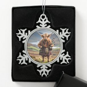 Schottischer Highland-Cow-Bagpiper,  Schneeflocken Zinn-Ornament