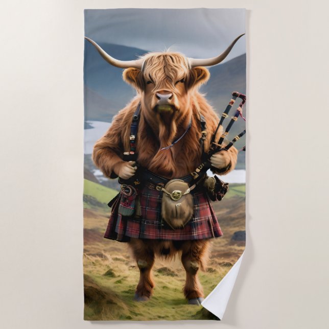 Schottischer Highland-Cow-Bagpiper, Strandtuch (Vorderseite)