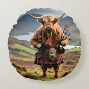 Schottischer Highland Cow Dudelsackpfeifer, Rundes Kissen