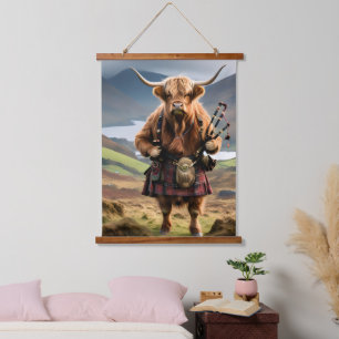 Schottischer Highland Cow Dudelsackpfeifer, Wandteppich Mit Holzrahmen