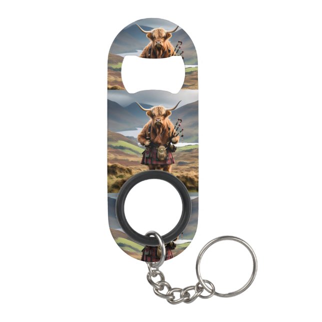 Schottischer Highland-Kuh-Bagpiper,  Mini Flaschenöffner (Rückseite)
