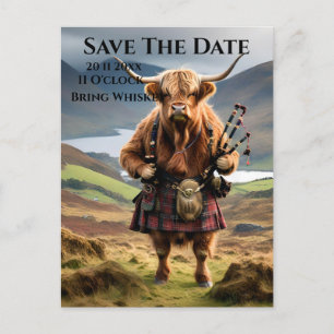 Schottischer Highland-Kuh-Bagpiper, Save The Date Postkarte