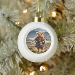 Schottischer Highland-Kuh Dudelsackpfeifer, Keramik Kugel-Ornament
