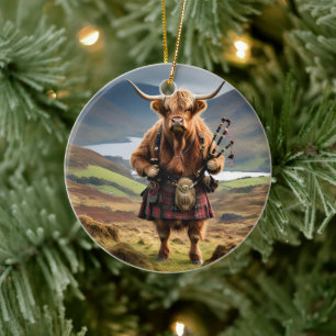 Schottischer Highland-Kuh Dudelsackpfeifer,  Keramik Ornament
