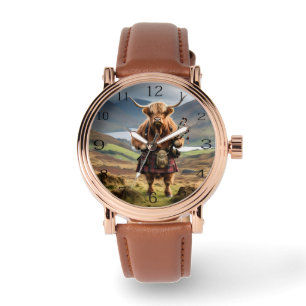 Schottischer Humor: Highland Cow Dudelsackpfeifer Armbanduhr