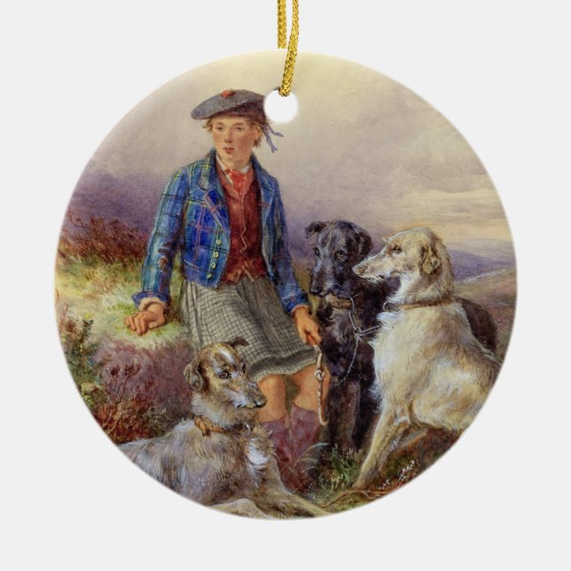 Schottischer Junge mit Wolfhounds in einem Keramikornament (Vorne)