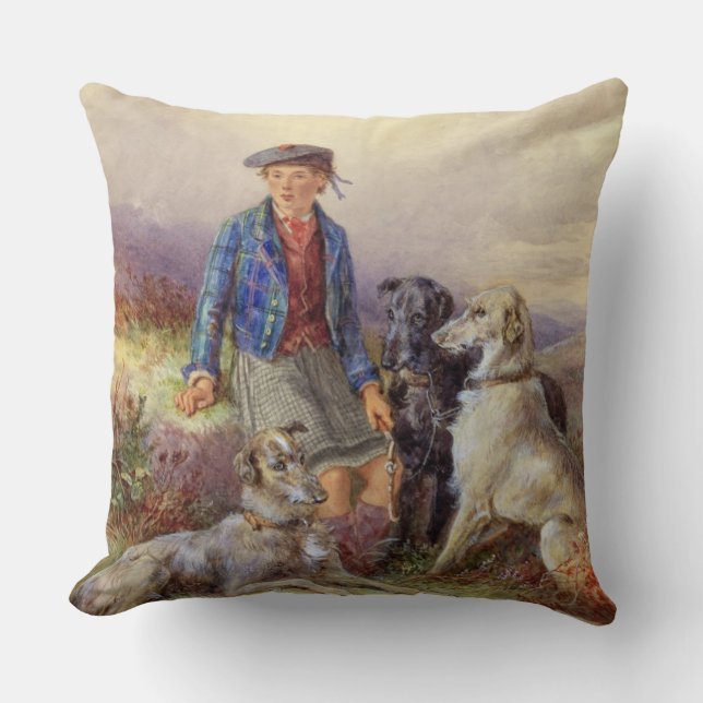 Schottischer Junge mit Wolfhounds in einem Kissen (Vorderseite)