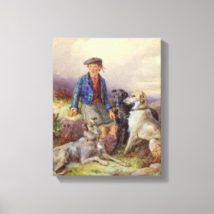Schottischer Junge mit Wolfhounds in einem Leinwanddruck