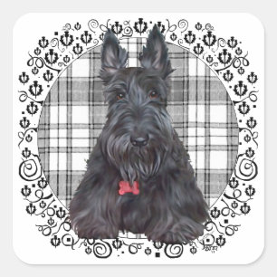 Schottischer Terrier auf Tartan Quadratischer Aufkleber