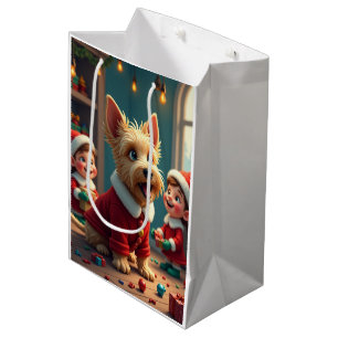 Schottischer Terrier hilft Weihnachtselfen Mittlere Geschenktüte