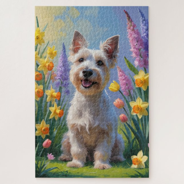 Schottischer Terrier-Hund Frühlingsblumen-Malerei (Vertikal)
