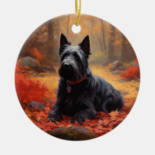 Schottischer Terrier im Herbstlaub Fall Inspiriert Keramik Ornament