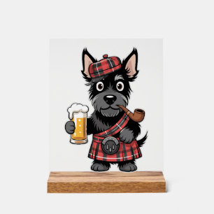 Schottischer Terrier im Schottenkaro-Kilt mit Bier Acrylschild