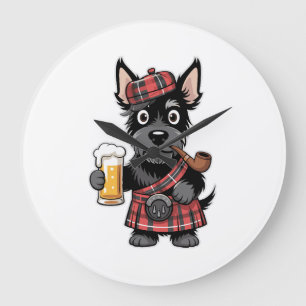 Schottischer Terrier im Schottenkaro-Kilt mit Bier Große Wanduhr