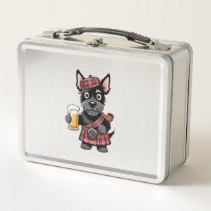 Schottischer Terrier im Schottenkaro-Kilt mit Bier Metall Brotdose