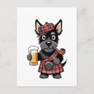 Schottischer Terrier im Schottenkaro-Kilt mit Bier Postkarte