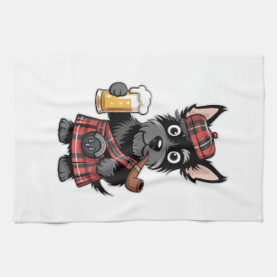 Schottischer Terrier in Tartan-Kilt mit Bier und P Geschirrtuch