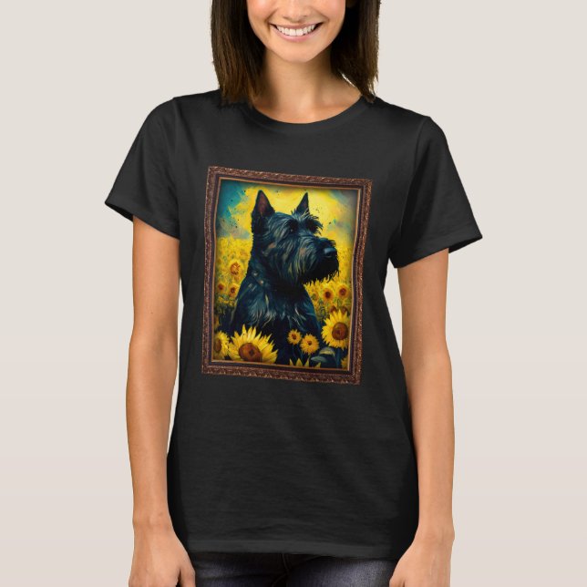Schottischer Terrier malt Sonnenblumen-Blume-Mutte T-Shirt (Vorderseite)