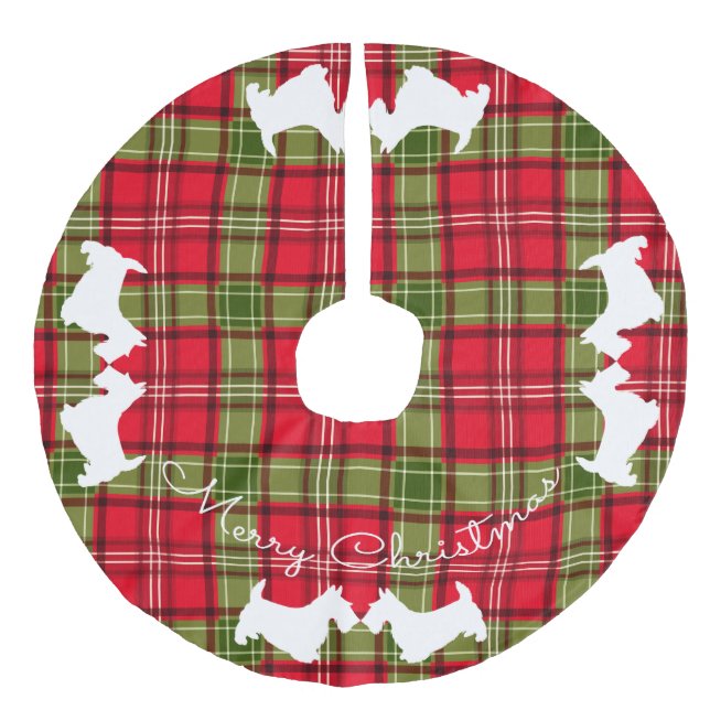 Schottischer Terrier rot u. grüner Tartan kariert Leinenimitat Weihnachtsbaumdecke (Vorderseite)
