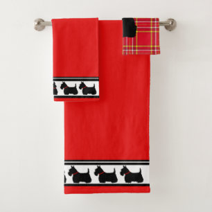 Schottischer Terrier/roter Halsband/rotes Karo/Gre Badhandtuch Set