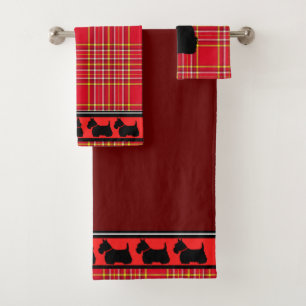 Schottischer Terrier/roter Halsband/rotes Karo/Gre Badhandtuch Set
