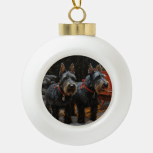 Schottischer Terrier Schneebedeckter Schlitten Wei Keramik Kugel-Ornament