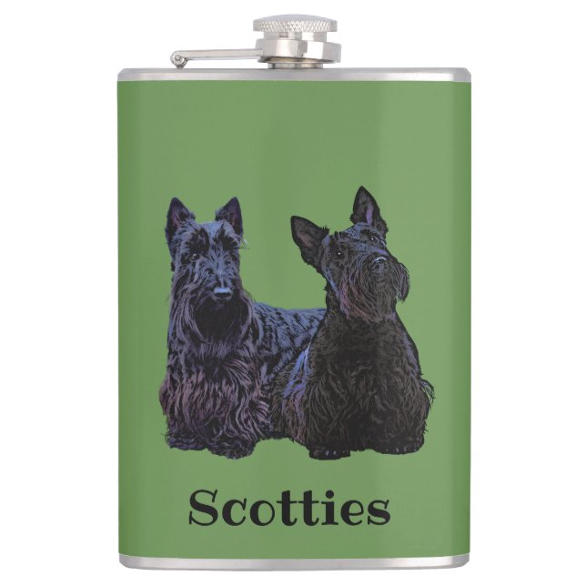 Schottischer Terrier schwarz, sitzend/stehend Flachmann (Vorderseite)