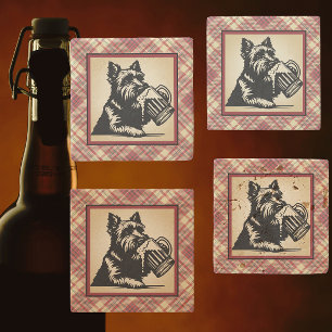 Schottischer Terrier Tartan Karo Erdtöne Steinuntersetzer