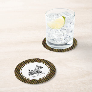 Schottischer Terrier und Tweed-Muster personalisie Runder Pappuntersetzer