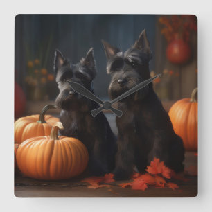 Schottischer Terrier-Welpe Herbstfreude Kürbis Quadratische Wanduhr