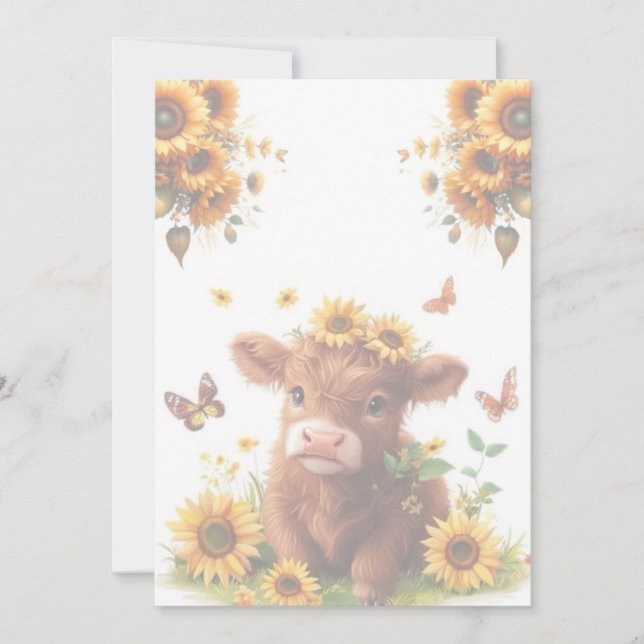 Schottisches Hochland-Kalb und Sonnenblumen Einladung (Vorderseite)