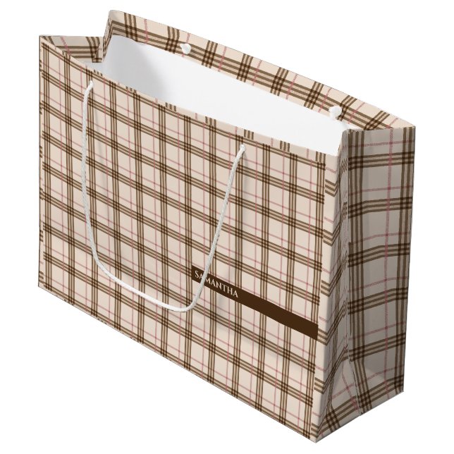 Schottisches kariertes Muster Tartan-Beige Große Geschenktüte (Vorderseite Schrägansicht)