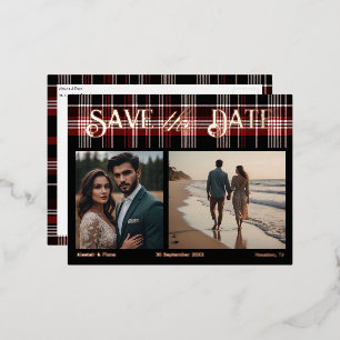 Schottisches Schwarz-Rot-Tartan Save-the-Date Folie Einladungspostkarte