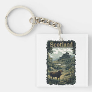 Schottland Design: Hochlandkuh, Schloss und Landsc Schlüsselanhänger