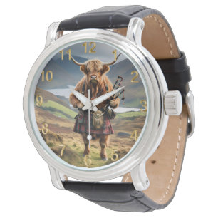 Schottland Highland Cow Bagpiper Armbanduhr