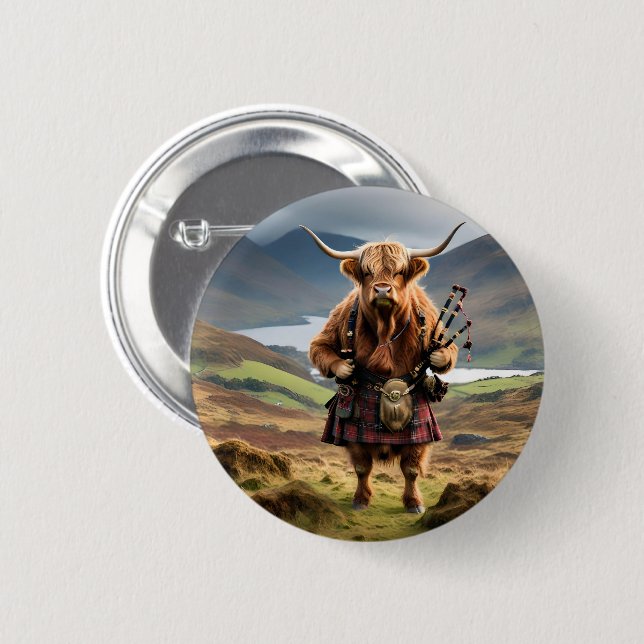 Schottland Highland Cow Bagpiper Button (Vorne & Hinten)