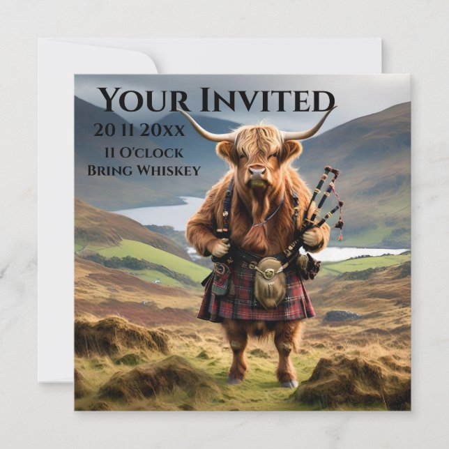 Schottland Highland Cow Bagpiper Einladung (Vorderseite)