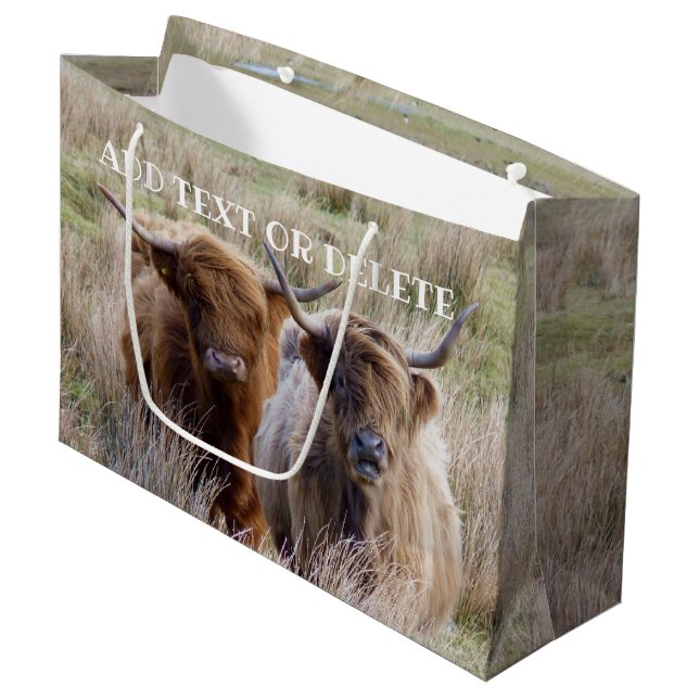 Schottland-Kühe Große Geschenktüte (Vorderseite Schrägansicht)