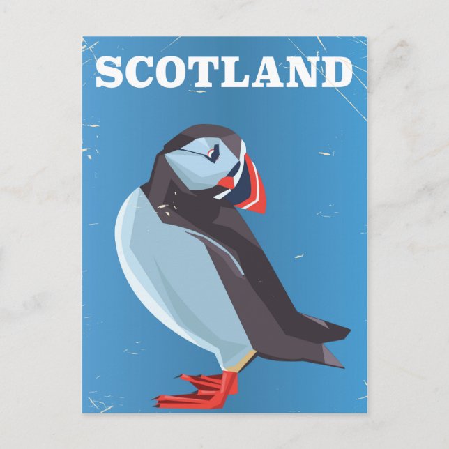 Schottland Puffin Vogel Vintage Reiseplakat Postkarte (Vorderseite)