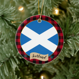 Schottland, Roter Büffel kariert & Schottische Fla Keramik Ornament