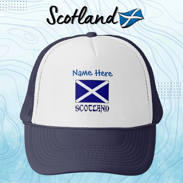 Schottland und Schottland fliegen Blue Personaliza Truckerkappe (Personalize blue trucker hat features the St. Andrew's Cross Scot Flag with the word SCOTLAND below.)